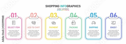 Concept of shopping process with 6 successive steps. Six colorful graphic elements. Timeline design for brochure, presentation, web site. Infographic design layout.