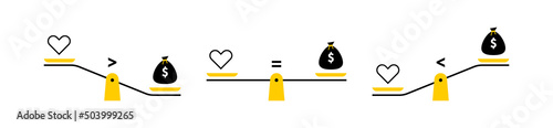 Scales with different balance. Time and love weighing concept to find a balance in life. Time is love. Vector illustration