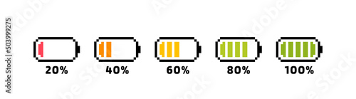 Battery charging process. Different Battery charge level. Set of pixel battery charge level indicators. Pixel art 8-bit. Vector Illustration