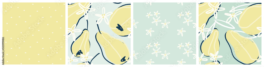 Pear seamless pattern set with abstract fruit and flower graphic. Soft yellow and mint kitchen textile vector design.