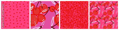 Cherry fruit seamless pattern set with modern abstract graphic. Colorful red and pink kitchen textile vector design.