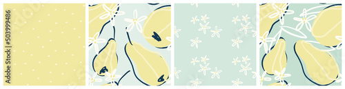 Pear seamless pattern set with abstract fruit and flower graphic. Soft yellow and mint kitchen textile vector design.