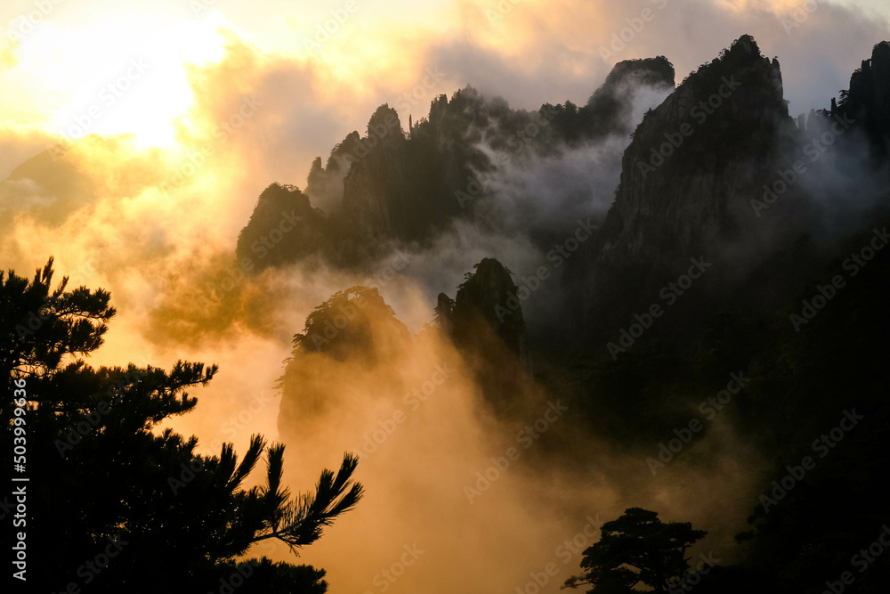 View of sunrise from Huangshan mountain range in China