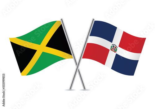 Jamaica and the Dominican Republic crossed flags. Jamaican and Dominican flags on white background. Vector icon set. Vector illustration.