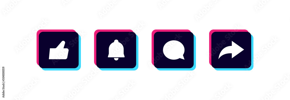 Social media button in glitch design. Like, subscribe, comment and share. Vector illustration Social media button in glitch design. Like, subscribe, comment and share. Vector illustration