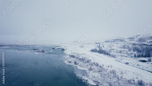 Mountain panorama, volcanic landscape and river, glacier river,above, aerial view, in snowy winter, wild nature, Icelandic Highlands, Pakgil, Suourland, Iceland, Polar Regions photo