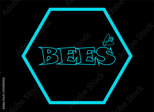 Letrero con la palabra abejas en azul neón en inglés rodeado de un hexágono  sobre fondo negro
