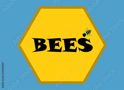 Abejas. Letrero de abejas con una abeja sobre una celda sobre el cielo azul
