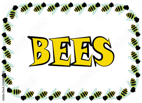 Marco  rectangular redondeado de abejas con la palabra abejas en amarillo y negro y en inglés en el centro sobre fondo blanco