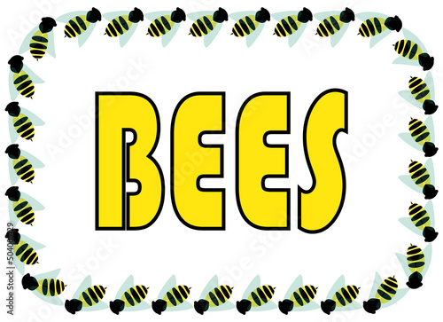 Marco  rectangular redondeado de abejas con la palabra abejas en amarillo y negro y en inglés en el centro sobre fondo blanco