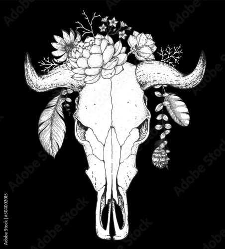 Buffalo Skull and flowers sketch. Hand drawn illustration. Wild west print. Vector illustration. Tattoo vintage print. Buffalo Skull and floral bouquet. T-shirt design.
