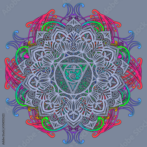 Vishuddha - the fifth guttural chakra. Sacral sign. Meditation Vishuddha. Throat chakra. Symbol of the fifth human chakra. Vector illustration.Yoga, meditation, reiki and sacred geometry. suitable for