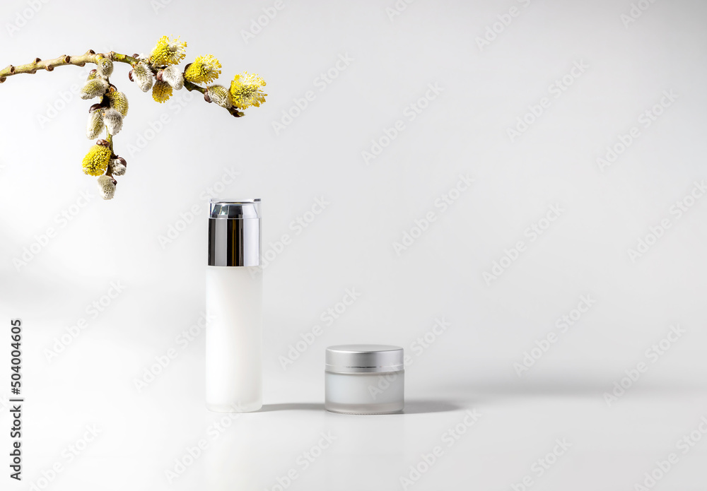 containers for cosmetics and a willow twig on a gray background containers for cosmetics and a willow twig on a gray background