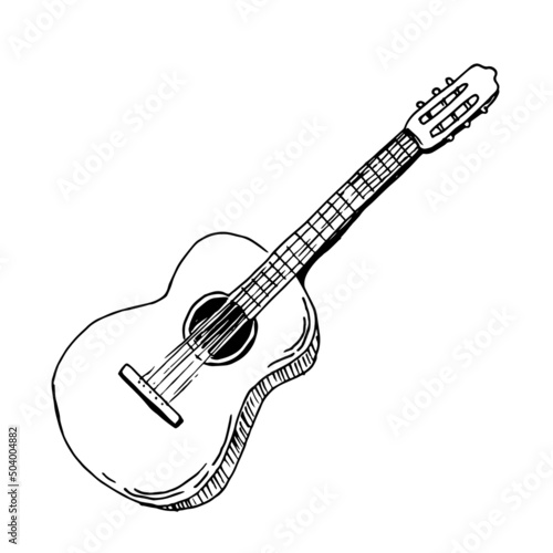 Sketch of Guitar in doodle style. Classical Spanish music instrument. Hand drawn vector illustration