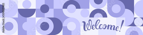 Geometric shapes in a set for a flyer or web template seamless background. Bright wallpaper of squares and circles in trendy scandinavian style, welcome - handmade word lettering.