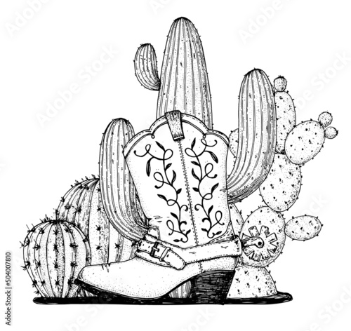 Cowboy boot and cacti sketch. Hand drawn vector illustration. Wild west design. Floral print