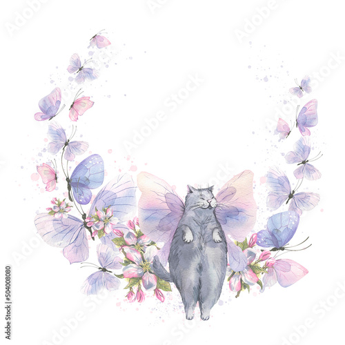 A frame with a gray cat made of butterflies and apple blossoms. A gentle, airy, sweet composition. Watercolor illustration for decoration, design, decoration of souvenirs, postcards, posters stickers