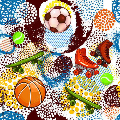 Sport accessories flat vector seamless pattern. Fitness tools cartoon texture. Physical training equipment decorative background. Wallpaper, textile, wrapping paper design with gym symbols