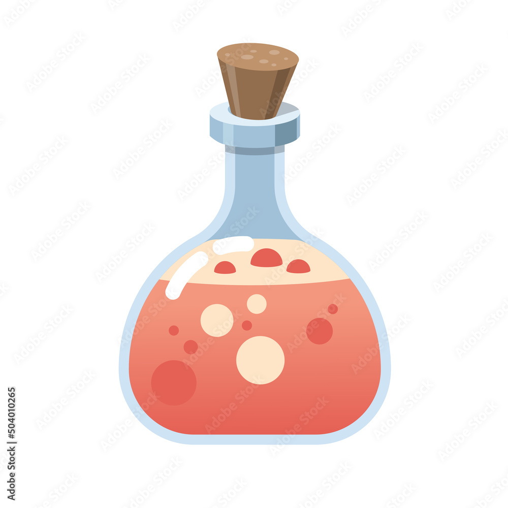 Magic bottle of glass. Alchemy love elixir in glass flask. Cork and pink potion, cartoon vector. Witchcraft pink potion of witch or poison Magic bottle of glass. Alchemy love elixir in glass flask. Cork and pink potion, cartoon vector. Witchcraft pink potion of witch or poison