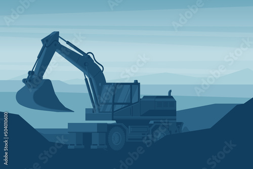Wheel excavator heavy machinery stage background used in the construction and mining industry for earth moving