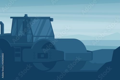 Stage background of heavy soil compactor machinery used in the construction and mining industry for leveling and compaction of land