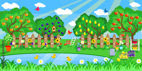 Fototapeta Naklejka Na Ścianę i Meble -  Vector illustration of a beautiful summer garden. Cartoon garden landscape with lake with ducks, flowers, harvest of apples, pears and plums.