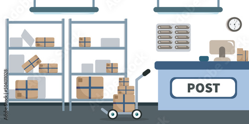 Vector illustration of a beautiful post office. Cartoon post office with a workplace, boxes of various shapes, trolley, clock, flowerpot and storage boxes.
