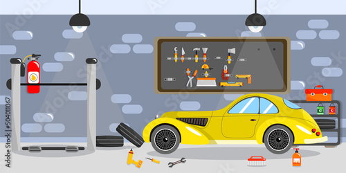 Vector illustration of a beautiful garage car service. Cartoon garage with tool board, fire extinguisher, car tires, yellow car and lift.