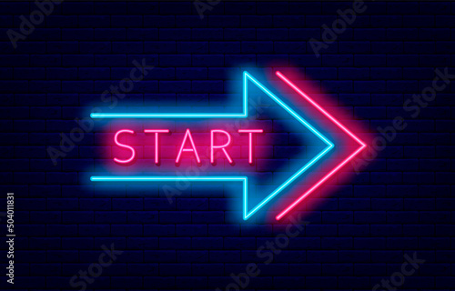 Start sign in neon arrow frame. Game concept on brick wall background. Bright flyer. Vector stock illustration