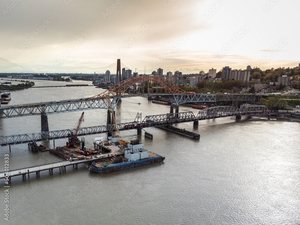 Aerial view of the new Pattullo Bridge construction over the Fraser River in New Westminster