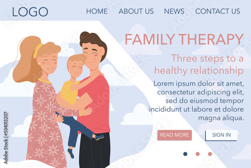 Psychologist landing page. Family therapy, keeping psychological health of the family and healthy relationships. Mental health banner or landing page template, family vector illustration in flat style