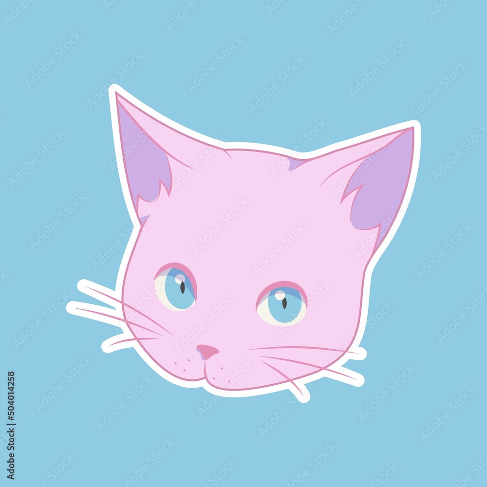 Vector pink kitten on a blue background. Vector illustration in anime style. Colorful illustration of a cat. Cat Day. Vector pink kitten on a blue background. Vector illustration in anime style. Colorful illustration of a cat. Cat Day.