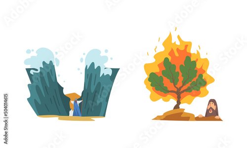 Bible Narrative with Moses and Crossing of the Red Sea and Burning Tree Vector Illustration Set