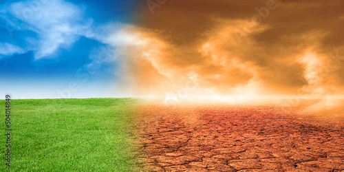 Green Field Transforming to Dry Cracked land. Global Warning and Climate Change Concept 