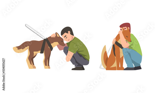 Guide Dog with Blind Man as Trained Assistance Pet and Seeing Eye Vector Set