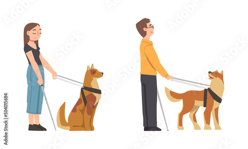 Guide Dog with Blind Man and Woman as Trained Assistance Pet and Seeing Eye Vector Set