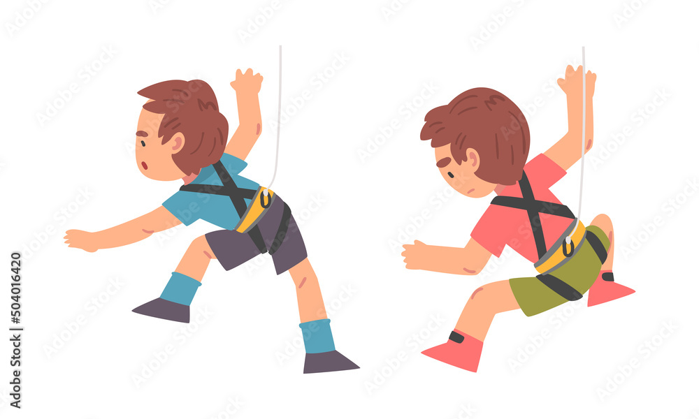 Little Boy Climbing Steep Rock or Wall with Harness Rope Engaged in Bouldering Training Vector Set Little Boy Climbing Steep Rock or Wall with Harness Rope Engaged in Bouldering Training Vector Set