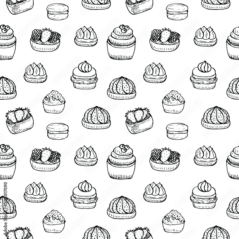 Cakes seamless pattern vector illustration, hand drawing doodles