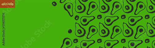 Vector avocado pattern seamless. Avocados decoration for oil label, packaging design. Vegetarian background. Avocados backdrop. Ornament with drawings of vegetables. Green vegan wallpaper for banner.
