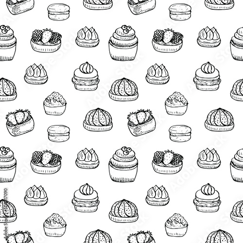 Cakes seamless pattern vector illustration, hand drawing doodles