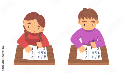 Kids Sitting at Desk and Writing Letters in Notebook Studying Alphabet Vector Set