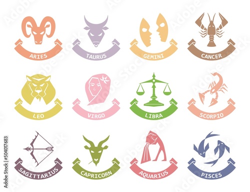 Zodiac signs (horoscope symbols) flat icons set with captions. Colorful stylish design for website, app, stickers