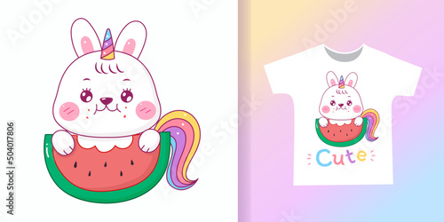 cute rabbit unicorn eating watermelon cartoon pastel color for t-shirt.