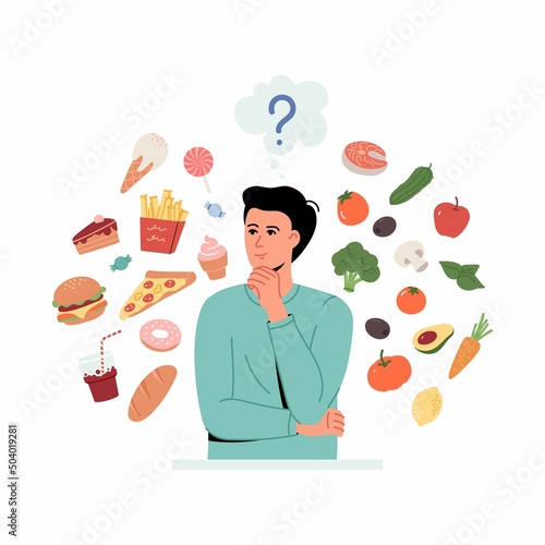 Man think about healthy and unhealthy food. Vector illustration of young man surrounded by fruits and vegetables by one side and fast-food and sweets - by another side