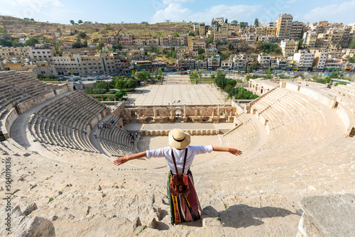 Cuadro en lienzo Rear view of beautiful young woman standing in front of the South Roman Theater,