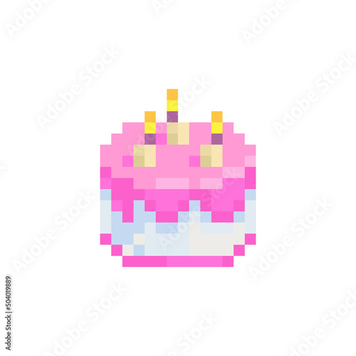 Сake piece sticker, perfect pixel art icon, bakery logo. Design for web, mobile app, badges and patches. Isolated on white background vector illustration. Game assets 8-bit sprite. 