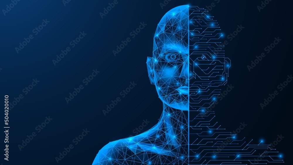 Scanning a person's face. Transition in the circuit board line. Electronic identification. Polygonal design of interconnected lines and points. Blue background. Scanning a person's face. Transition in the circuit board line. Electronic identification. Polygonal design of interconnected lines and points. Blue background.