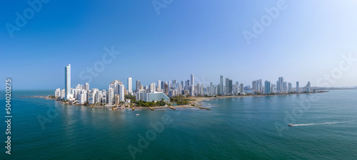 The modern skyscrapers in the Cartagena de Indias in Colombia on the Caribbean coast of South America. Bocagrande district panorama aerial view © ronedya