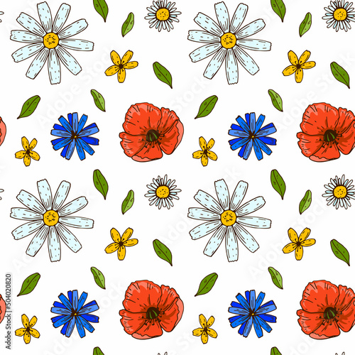 Meadow flowers summer seamless pattern. Colorful hand drawn vector illustration. Botany design