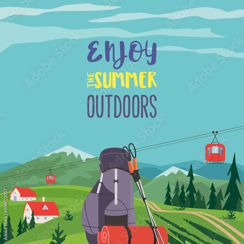Enjoy Summer Outdoors Active Tourism Vector Poster. Mountain cable car station, retro cableway, mountain tourist resort background illustration. Hiking trip, backpacking activity advertisement banner
